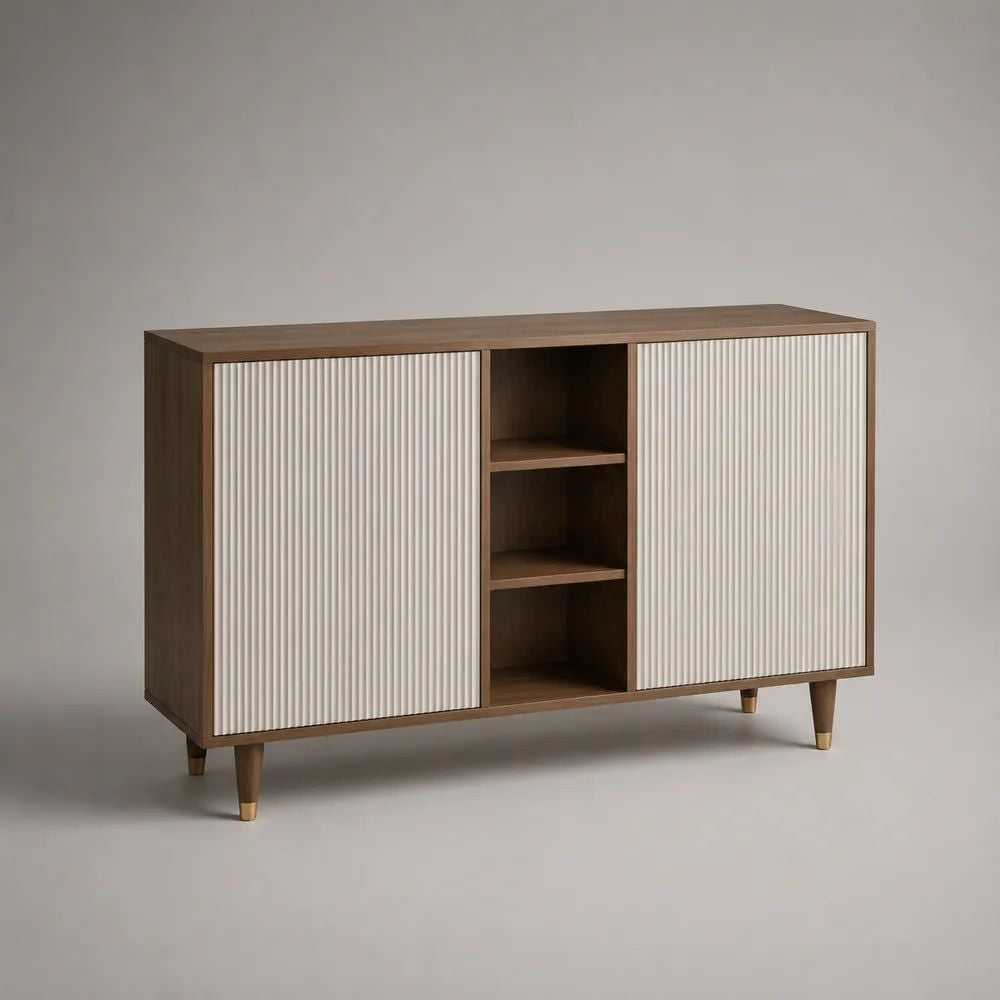 Sideboard aus Holz mit 2 Türen und 3 offenen Fächern, Walnussbraun und Cremeweiß, 140 x 40 x 90 cm