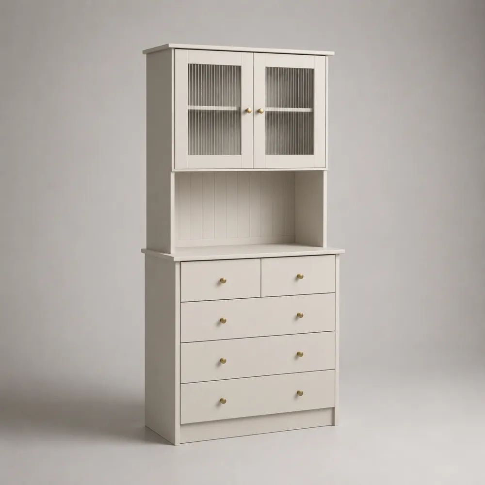 Küchenbuffet mit Vitrinenaufsatz aus MDF und Spanplatte, Riffelglas, 5 Schubladen und 2 Türen, Cremeweiß/Messing, 90 × 40 × 180 cm