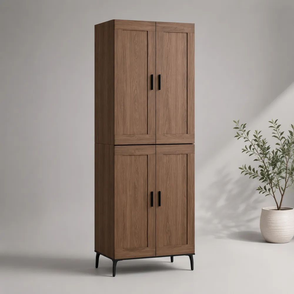 Hochschrank mit 4 Türen aus melaminharzbeschichteter Spanplatte, Nussbaumbraun/Schwarz, 80 × 40 × 180 cm