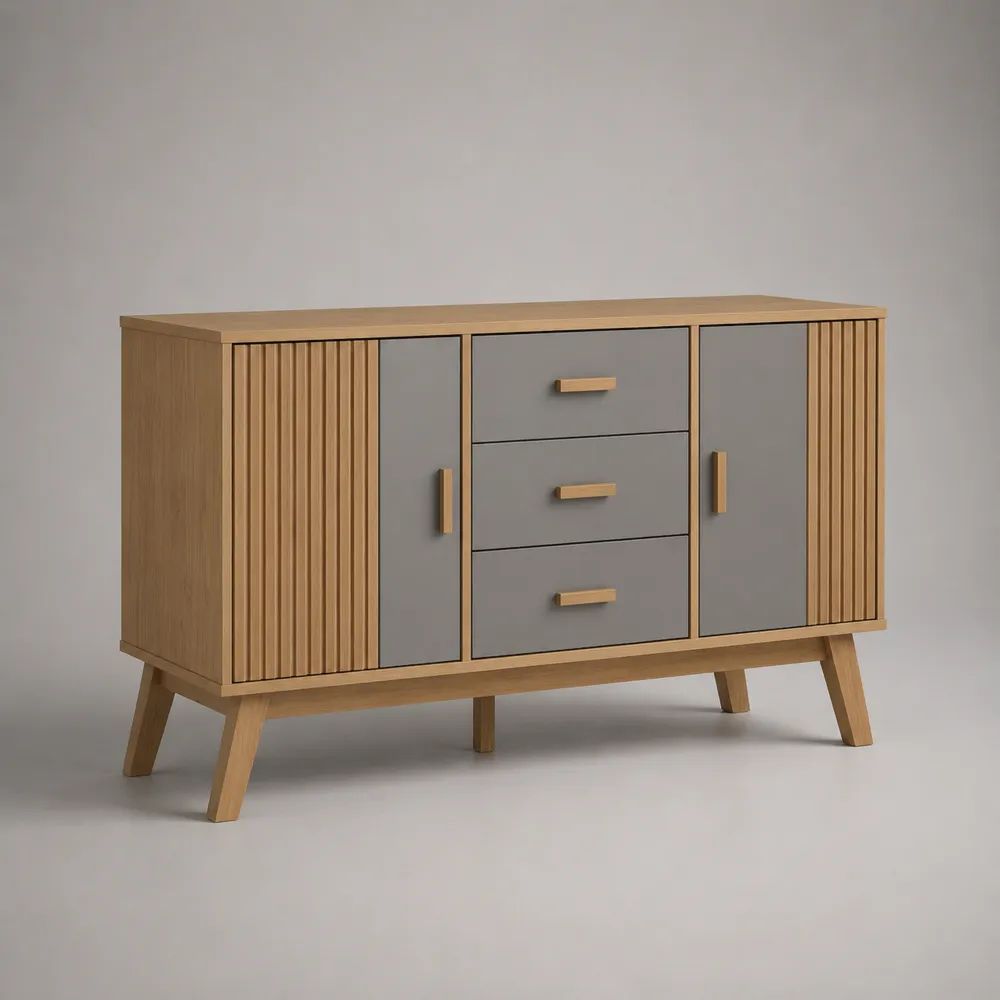 Sideboard mit 2 Türen und 3 Schubladen, Holz, Eichefarben/Grau, 120 × 40 × 80 cm