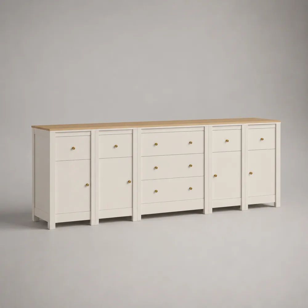 Sideboard Buffetschrank aus MDF in Weiß und Eiche Natur mit 7 Schubladen und 4 Türen, 240 × 40 × 82 cm