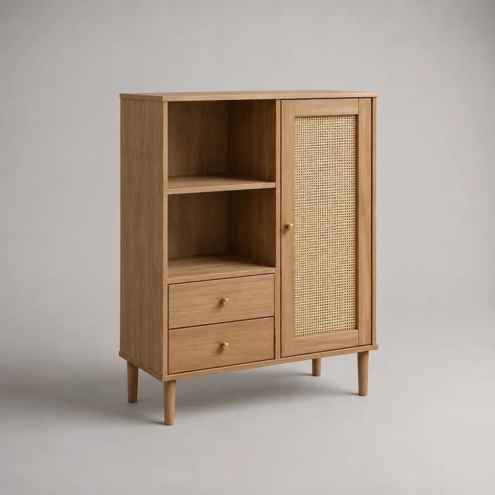 Highboard mit Rattantür, 2 Schubladen und offenen Fächern, Eichenfurnier, Natur/Beige/Messingfarben, 90 × 40 × 120 cm