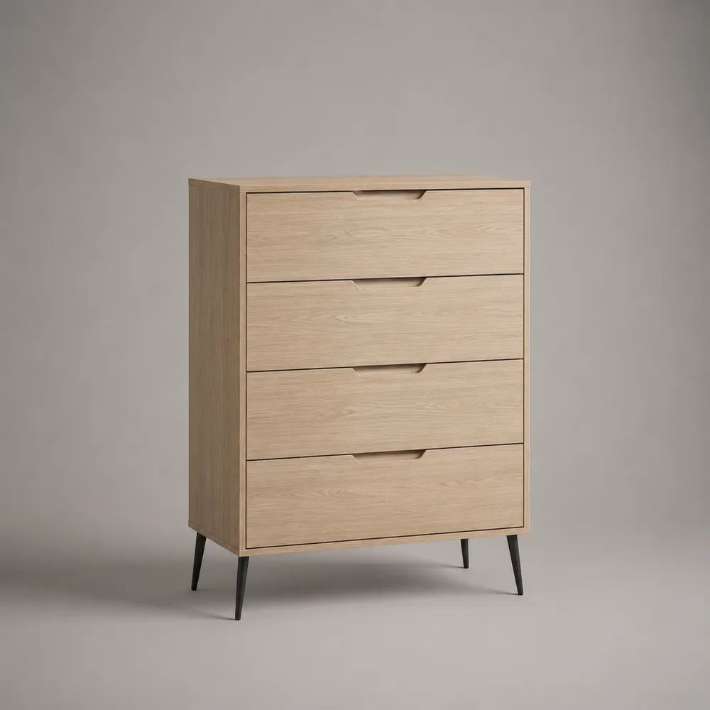 Hohe Kommode mit 4 Schubladen aus MDF mit Eichenfurnier, Hellbraun/Schwarz, 80 × 40 × 110 cm