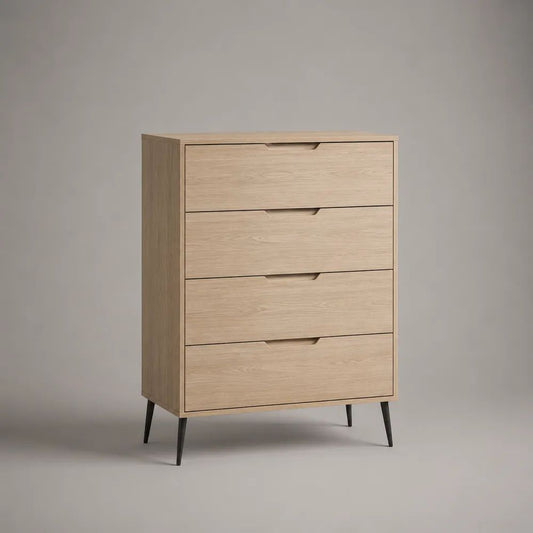 Hohe Kommode mit 4 Schubladen aus MDF mit Eichenfurnier, Hellbraun/Schwarz, 80 × 40 × 110 cm