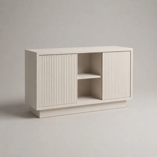 Sideboard mit 2 Schiebetüren und 2 offenen Fächern aus MDF und melaminbeschichteter Spanplatte, Weiß, 120 x 40 x 80 cm