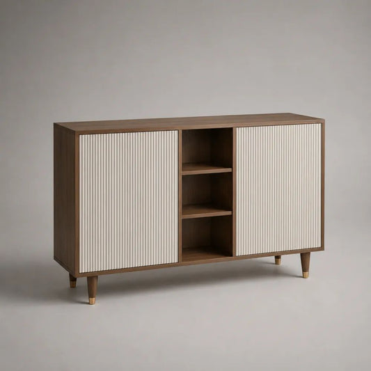 Sideboard aus Holz mit 2 Türen und 3 offenen Fächern, Walnussbraun und Cremeweiß, 140 x 40 x 90 cm