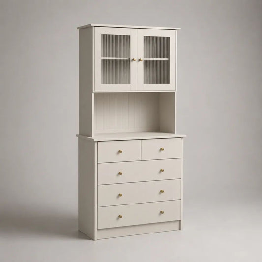 Küchenbuffet mit Vitrinenaufsatz aus MDF und Spanplatte, Riffelglas, 5 Schubladen und 2 Türen, Cremeweiß/Messing, 90 × 40 × 180 cm