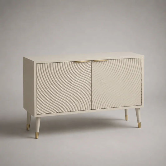 2-türiges Sideboard aus MDF mit Kautschukholzbeinen und Stahlbeschlägen, Wellenrelief, Cremeweiß/Goldfarben, 120 × 40 × 80 cm