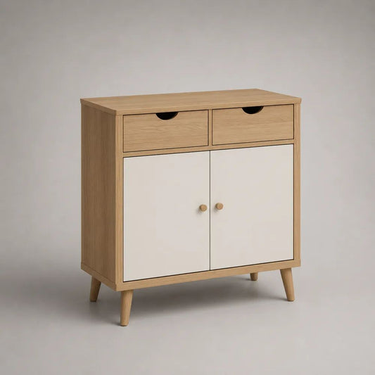 Sideboard aus MDF mit Eichenfurnier, 2 Türen und 2 Schubladen, Weiß/Natur, 80 × 35 × 90 cm