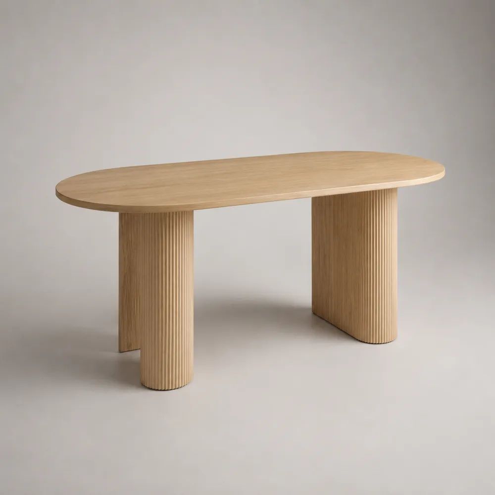 Ovaler Esstisch aus MDF mit Eichenfurnier, Naturbeige, 180 × 90 × 75 cm, geriffelte Säulenbeine
