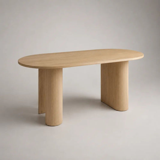 Ovaler Esstisch aus MDF mit Eichenfurnier, Naturbeige, 180 × 90 × 75 cm, geriffelte Säulenbeine