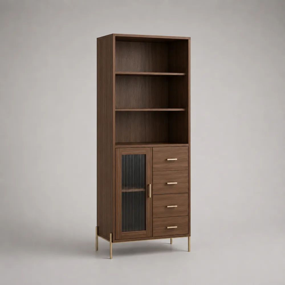 Hochschrank mit Glastür, 4 Schubladen und 3 offenen Fächern, Spanplatte, MDF, Glas und Stahl, Dunkelbraun/Gold, 80 × 40 × 190 cm