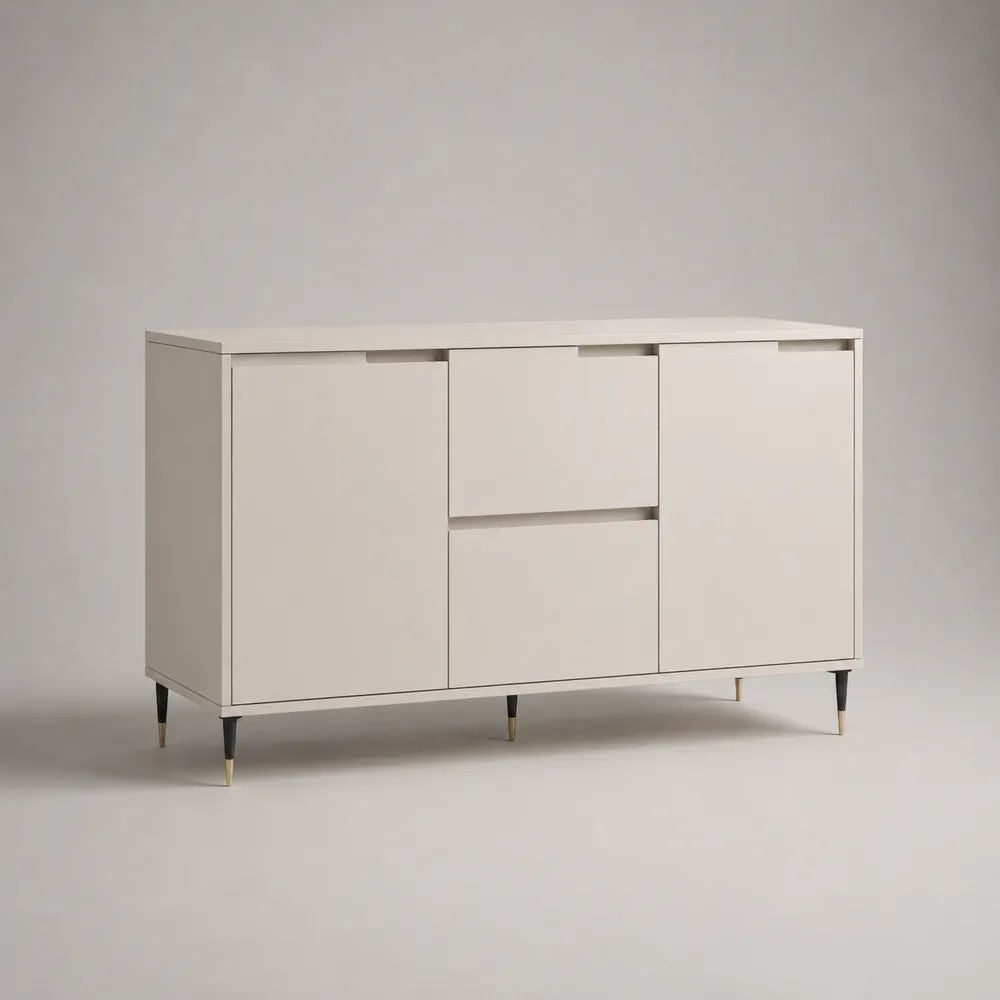 Sideboard aus MDF mit 2 Türen und 2 Schubladen, Cremeweiß/Schwarz/Messingfarben, 120 × 40 × 80 cm