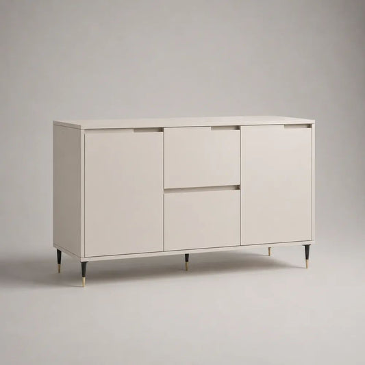 Sideboard aus MDF mit 2 Türen und 2 Schubladen, Cremeweiß/Schwarz/Messingfarben, 120 × 40 × 80 cm