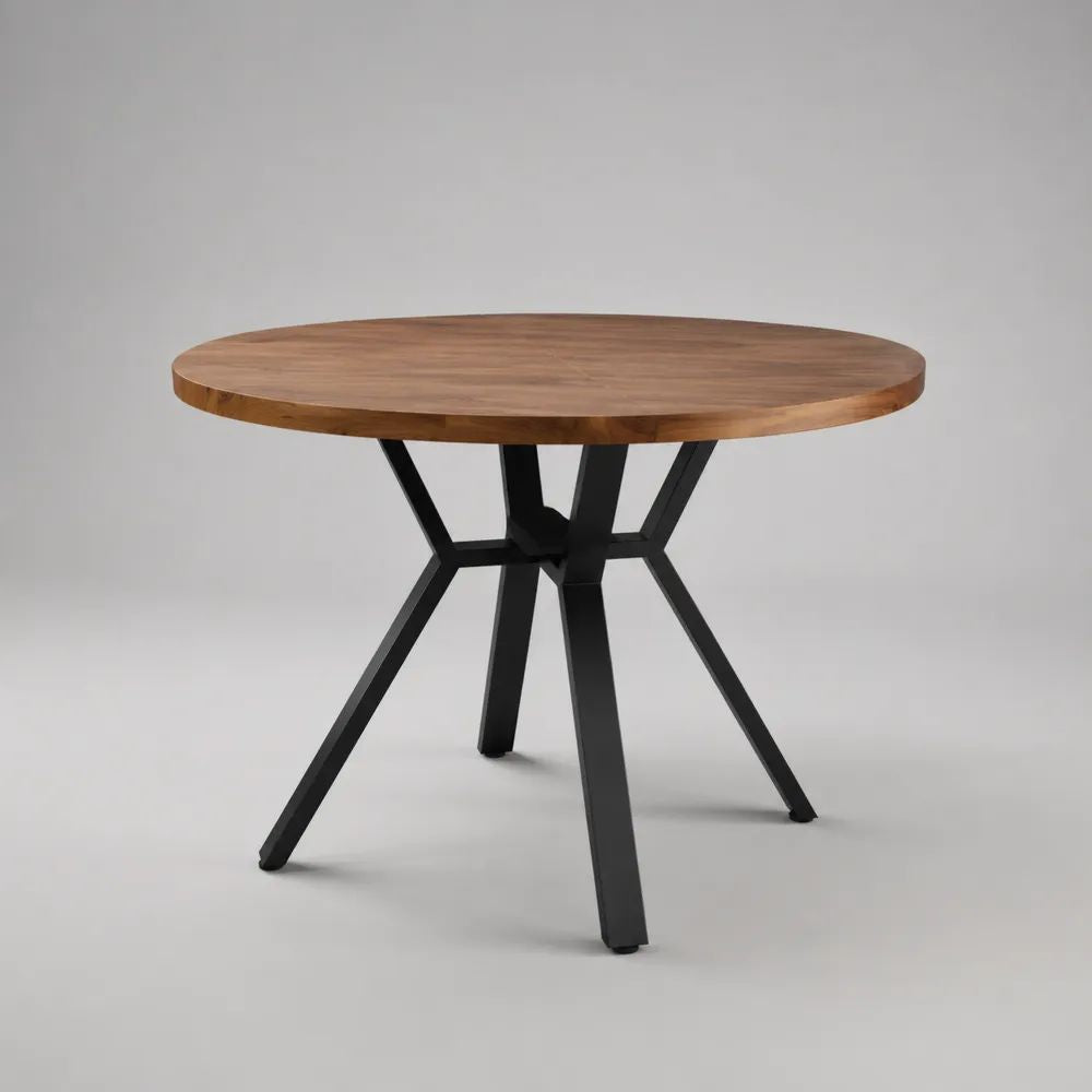 Runder Esstisch aus massivem Akazienholz und pulverbeschichtetem Stahl, Braun/Schwarz, Ø 110 × H 76 cm