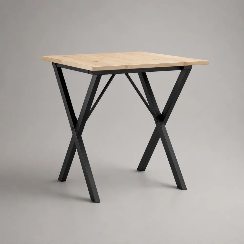 Quadratischer Esstisch, klappbar, aus massivem Kiefernholz und pulverbeschichtetem Stahl, Natur/Schwarz, 80 × 80 × 75 cm