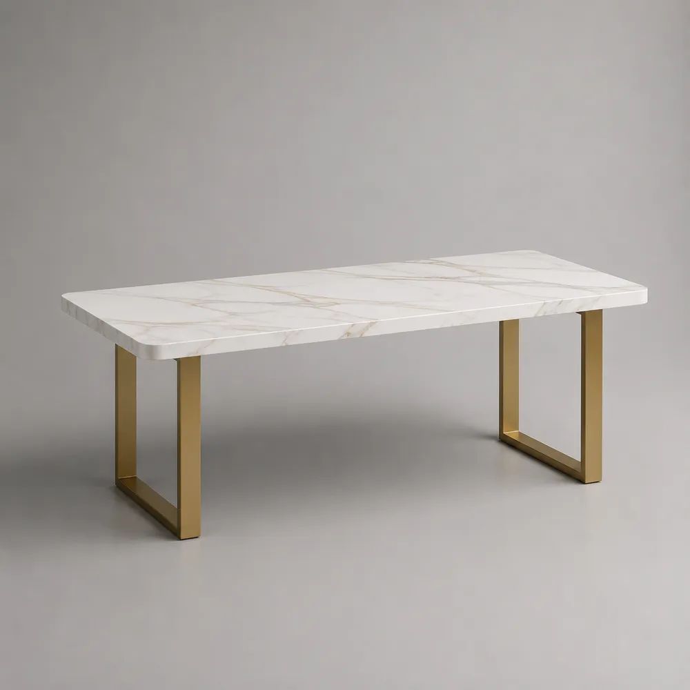 Rechteckiger Esstisch aus Holz und Metall, 160 x 90 x 75 cm, Marmoroptik, Weiß/Gold