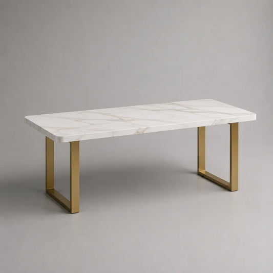 Rechteckiger Esstisch aus Holz und Metall, 160 x 90 x 75 cm, Marmoroptik, Weiß/Gold