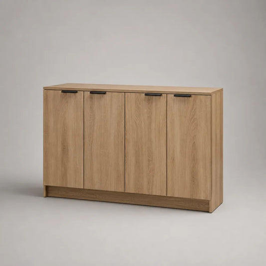Sideboard mit 4 Türen aus melaminharzbeschichteter Spanplatte, Eiche Natur/Schwarz, 160 × 40 × 90 cm