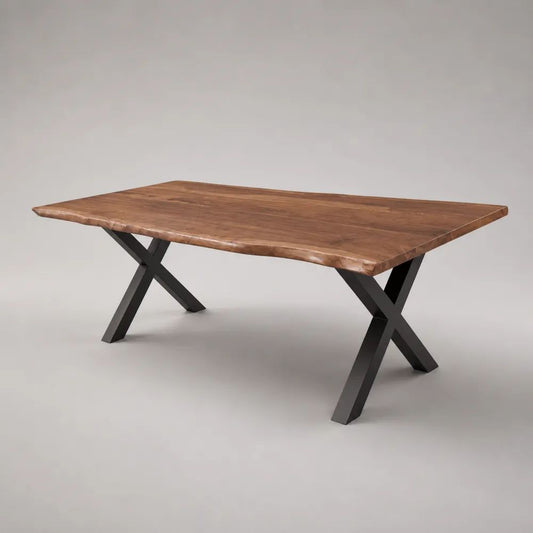 Rechteckiger Esstisch aus massivem Akazienholz mit Stahl-X-Gestell, Braun/Schwarz, 200 × 100 × 76 cm