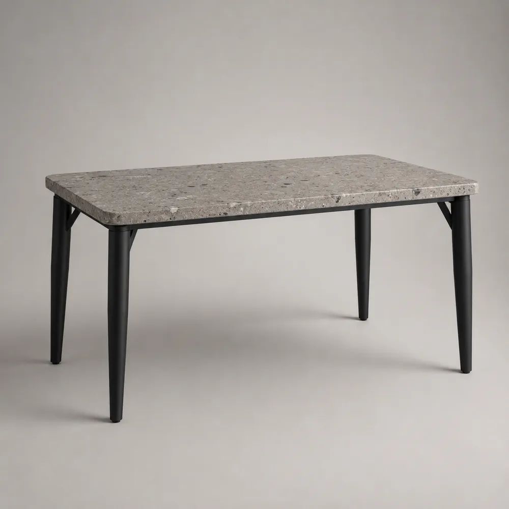 Rechteckiger Esstisch mit MDF-Tischplatte in Terrazzooptik und Stahlgestell, Grau/Schwarz, 120 × 70 × 75 cm